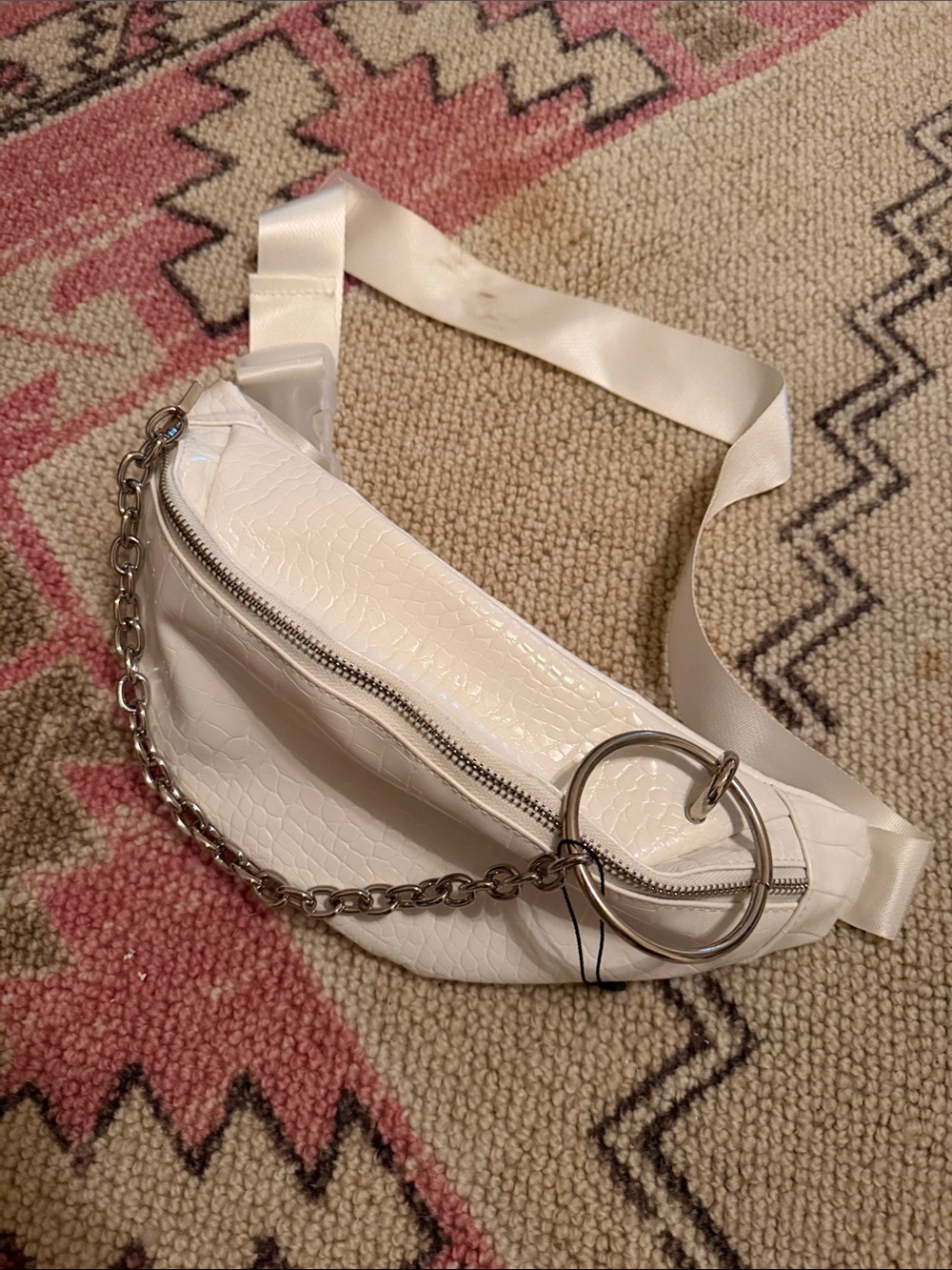 Nasty Gal White Croc-Embossed Belt Bag with Chain Accent